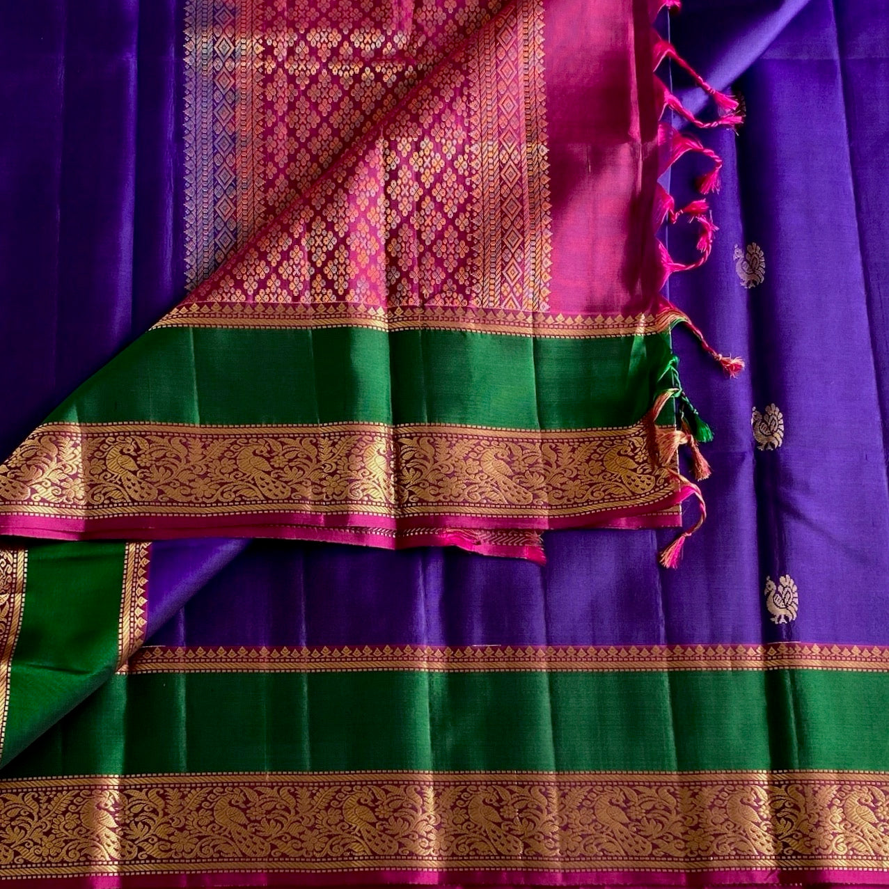 Royal Purple Designer Pure Silk Saree With Fuchsia Pink Pallu