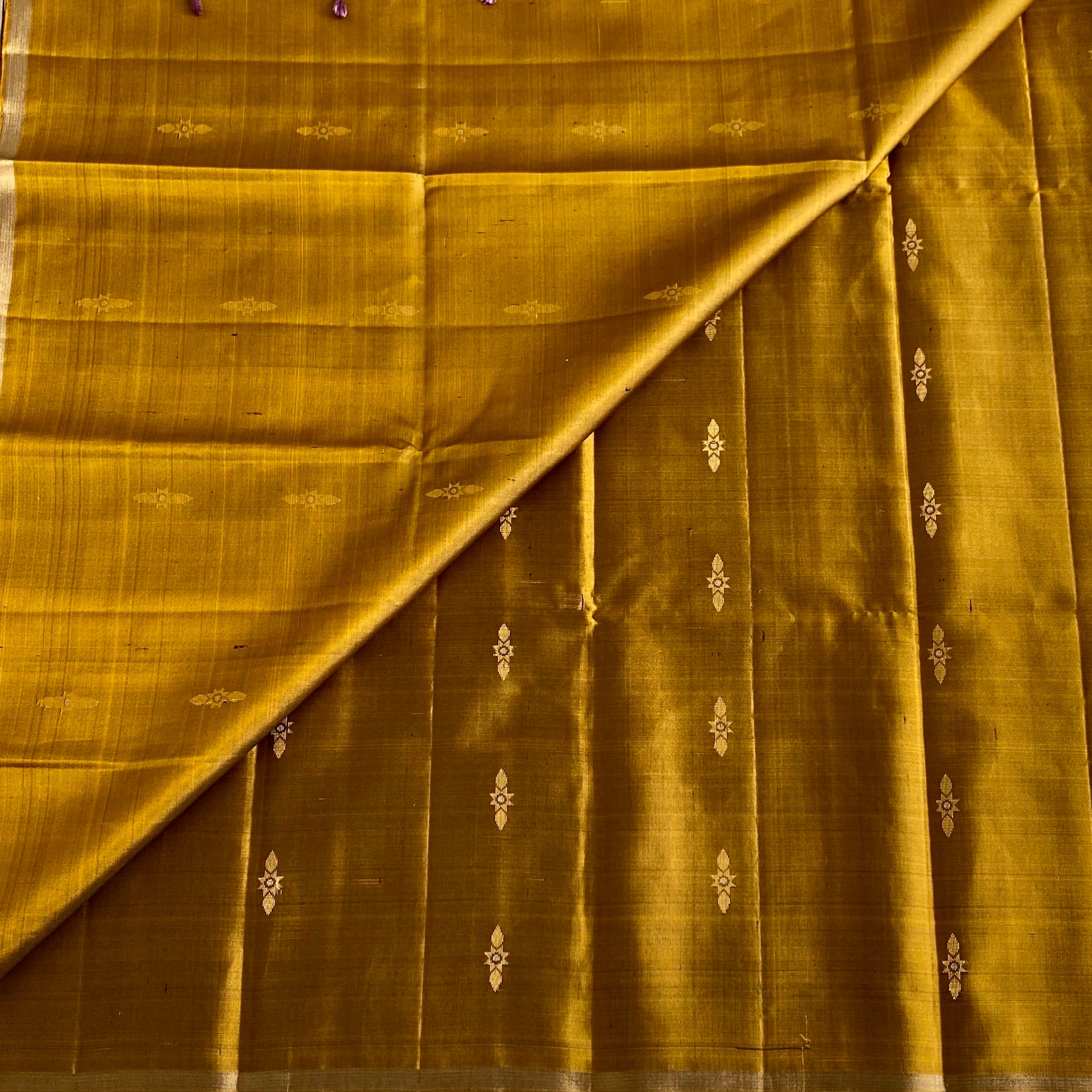 Mustard Gold Designer Pure Silk Saree With Plum Purple Pallu