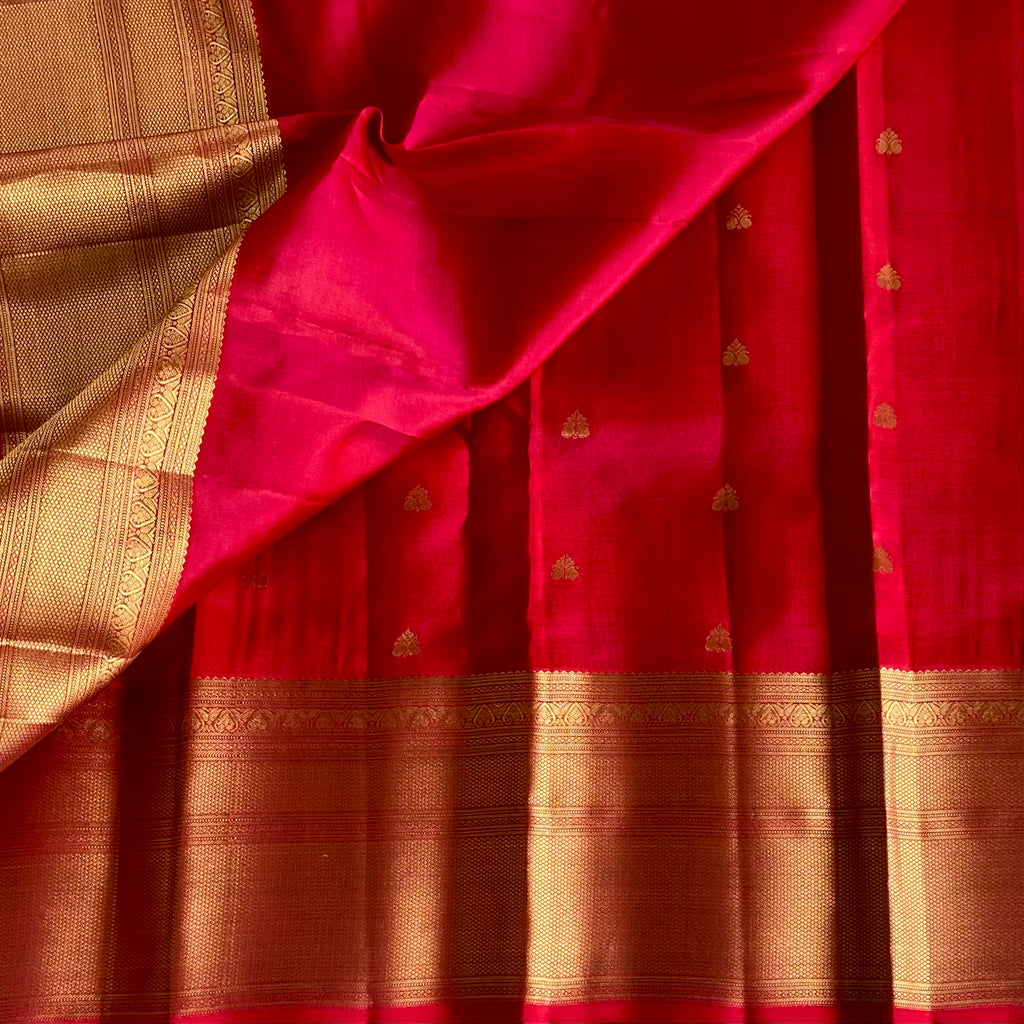 Ruby Red Designer Pure Silk Saree With Rani Pink Pallu Gold Border