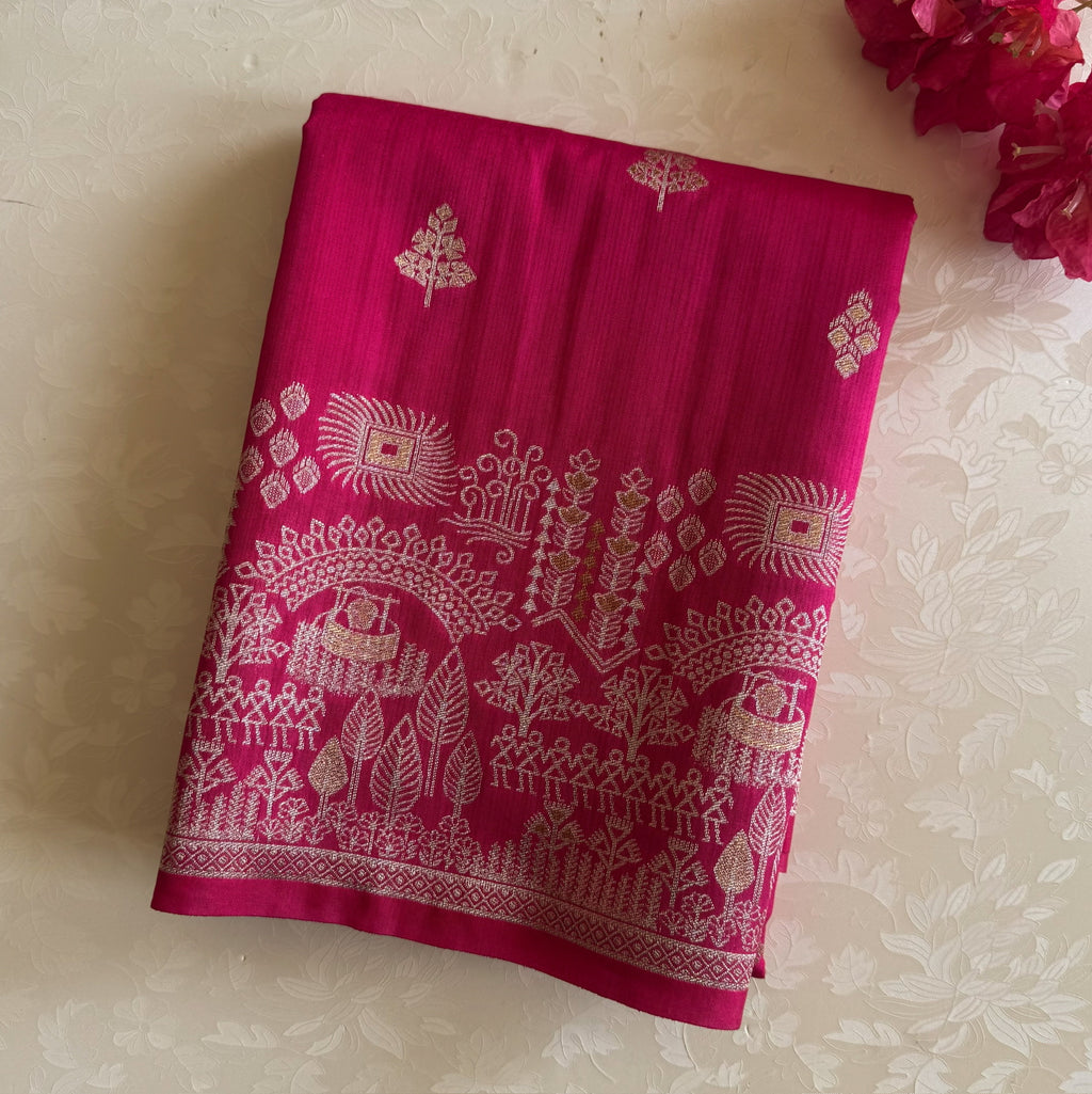 Fuchsia Gold Brocade Silk Saree Tassel Pallu Wide Border Traditional
