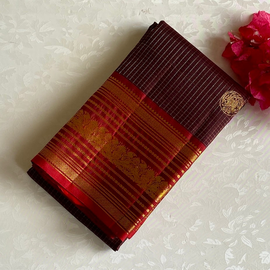 Chocolate Brown Checkered Kanjeevaram Pure Zari Silk Saree With Rich Red Pallu