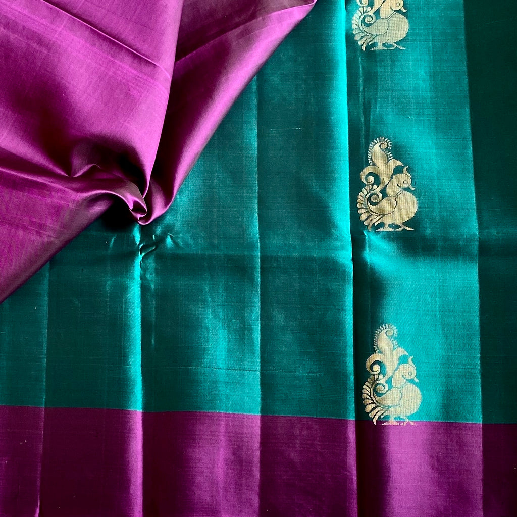 Teal Green Designer Pure Silk Saree With Royal Purple Pallu