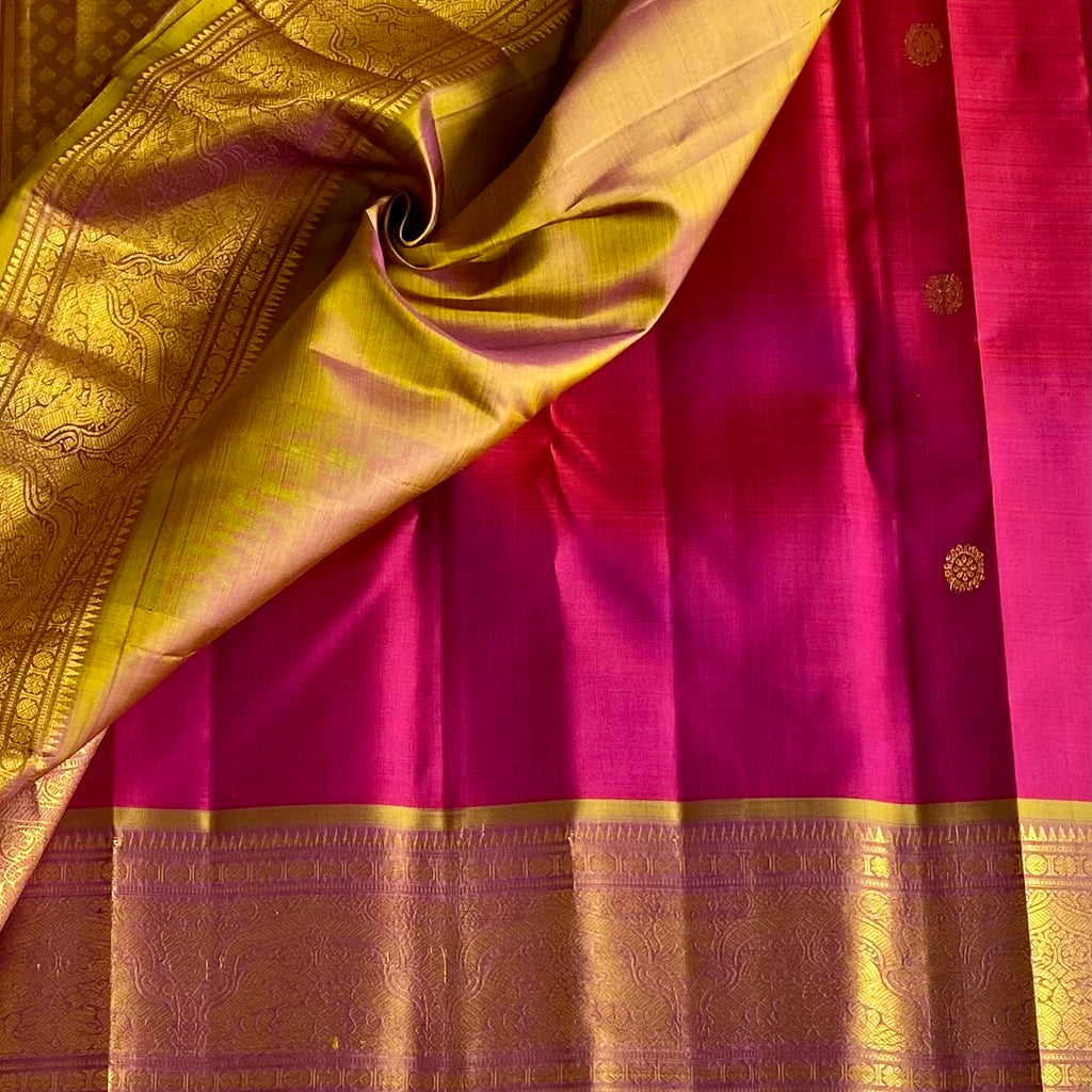 Rani Pink Kanjeevaram Pure Zari Silk Saree With Dual Olive Gold Pallu