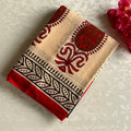 Cream Beige Cotton Saree Crimson Paisley Black Pallu Leaf Border