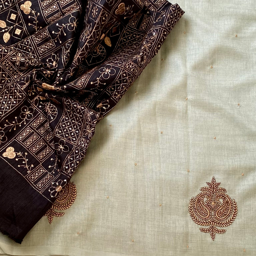 Sage Green Embroidered Saree with Copper Motifs and Tassels Elegant
