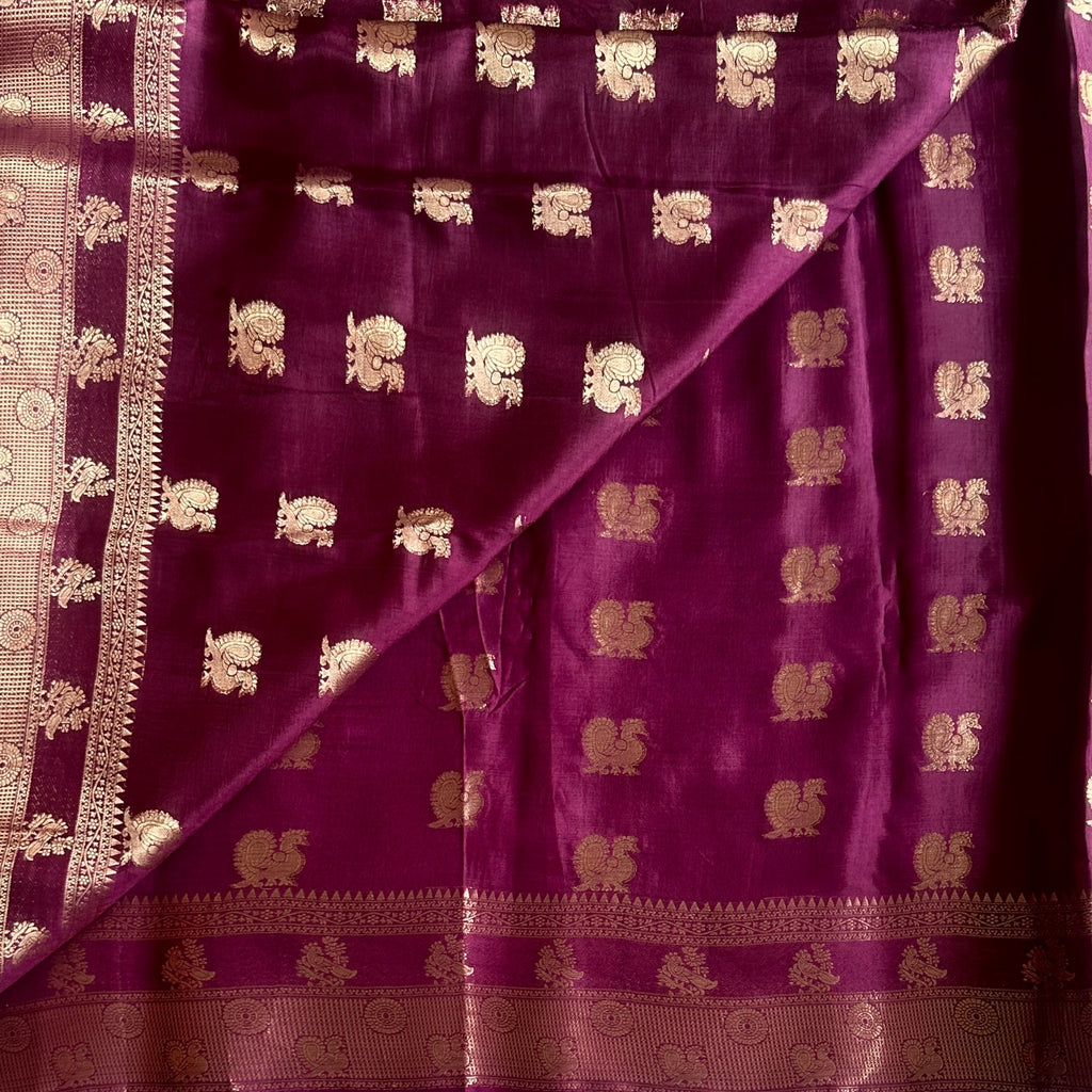 Deep Magenta Silk Saree Gold Brocade Peacock Zari Border Traditional