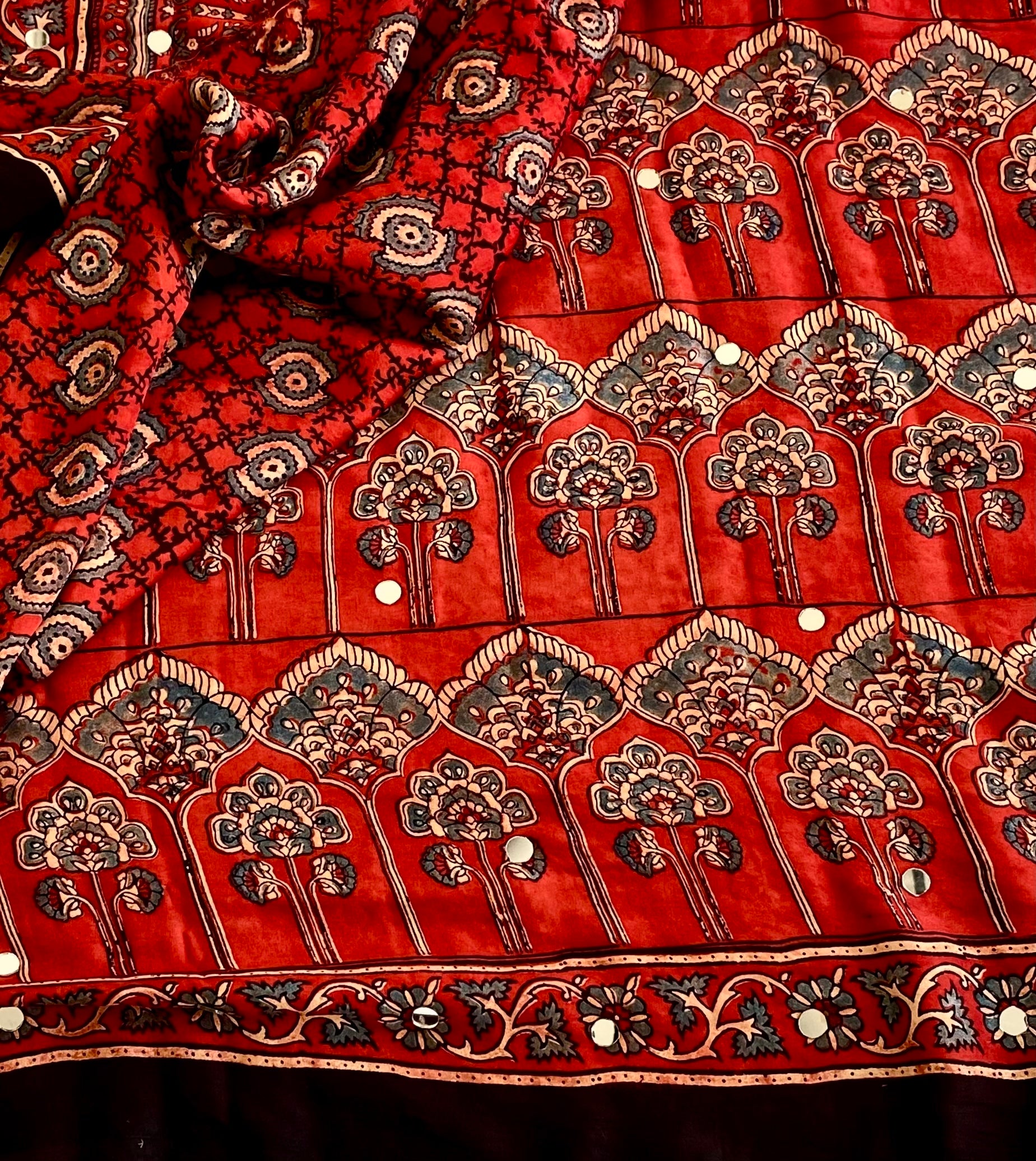 Rich Red Designer Ajrakh Silk With Handcrafted Mirror Work
