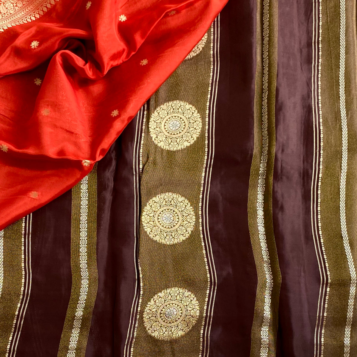 Deep Burgundy Soft Tussar Silk Saree With Antique Gold Plum Purple Pallu