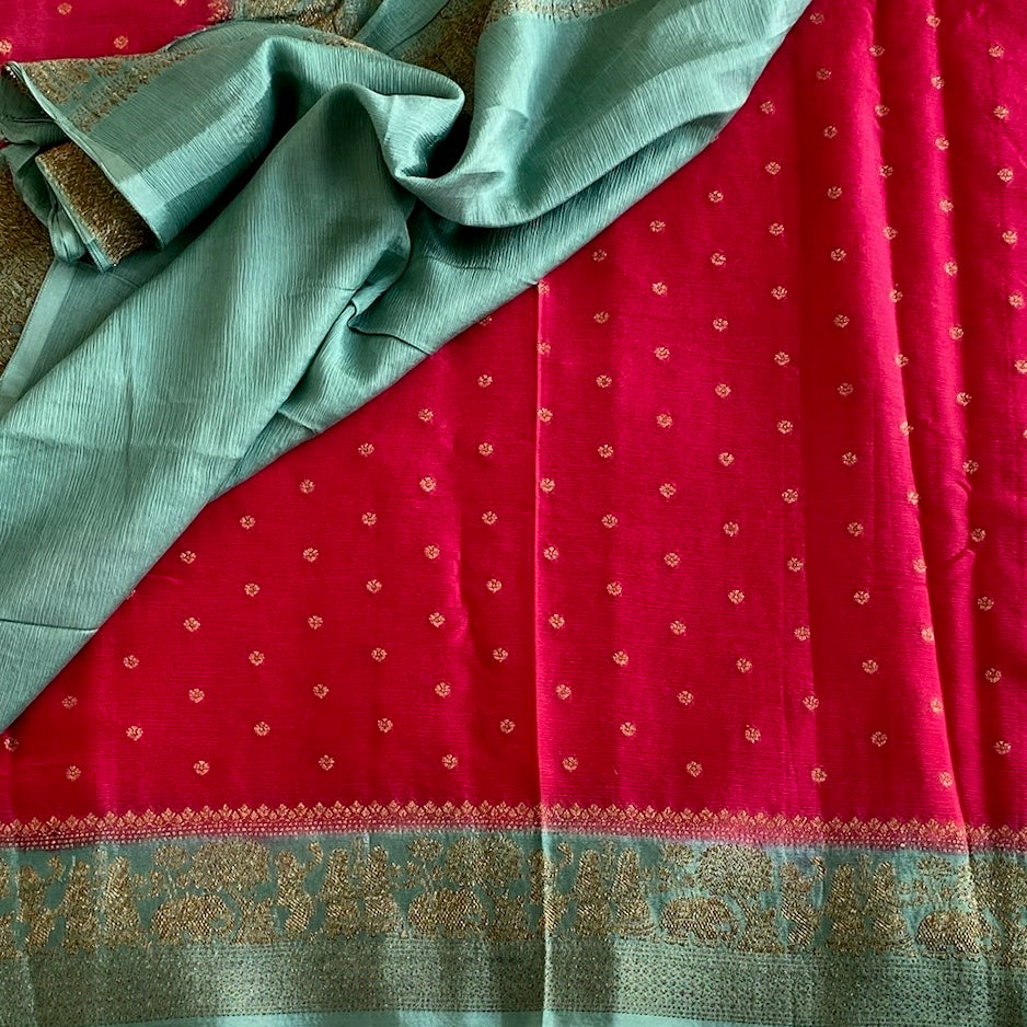 Rani Pink Soft Tussar Silk Saree With Aqua Green Pallu