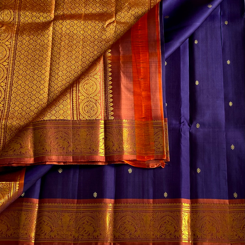 Royal Blue Silk Saree Burnt Orange Pallu Gold Brocade Border