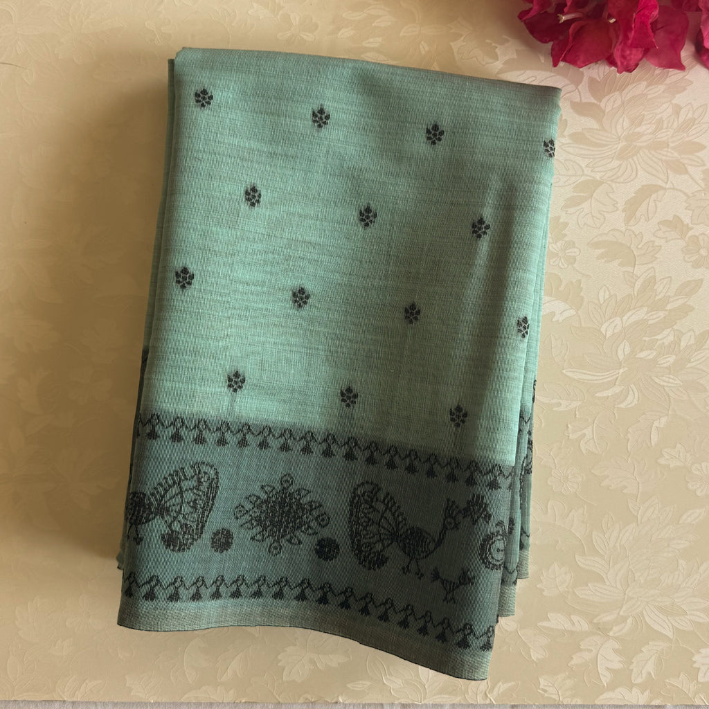Pale Aqua Folk Print Handloom Saree With Peacock Border Tassels