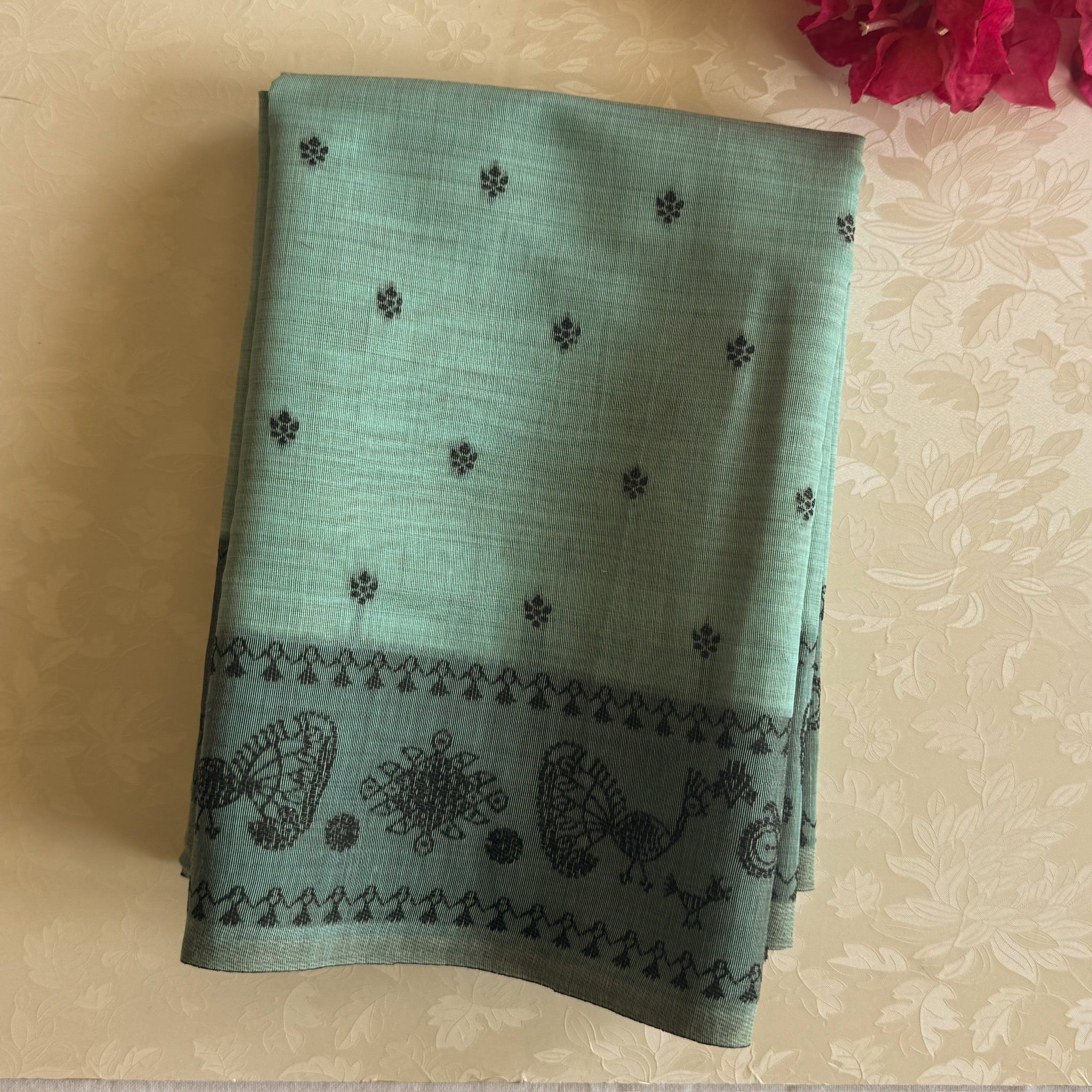 Pale Aqua Folk Print Handloom Saree With Peacock Border Tassels