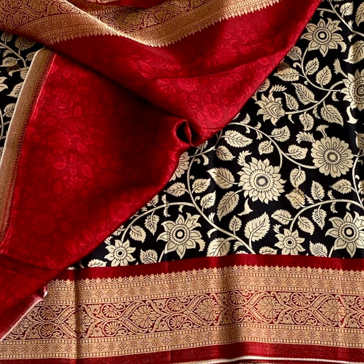 Jet Black premium Soft Tussar Silk Saree With Antique Gold Pallu