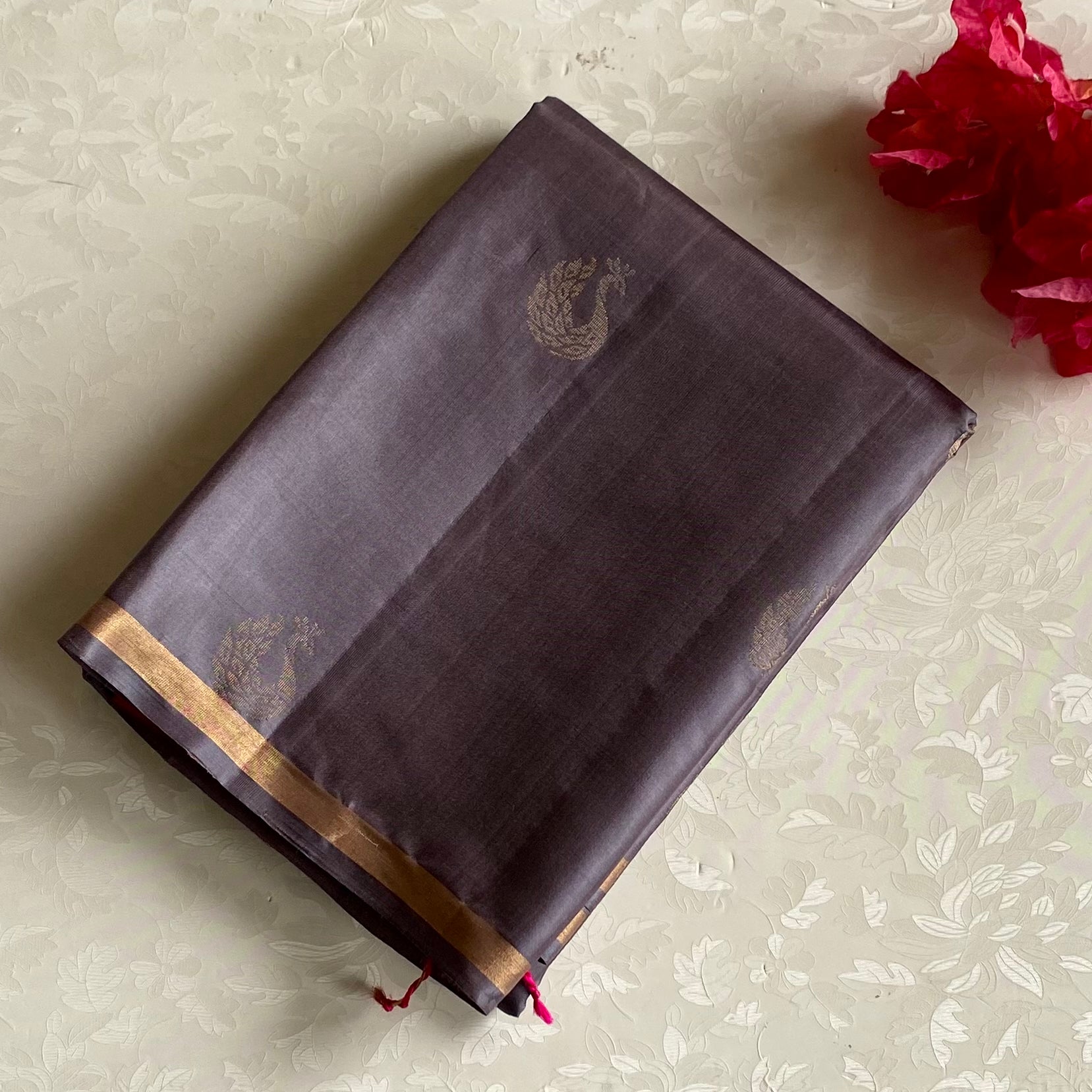 Charcoal Gray Designer Pure Silk Saree With Rani Pink Pallu