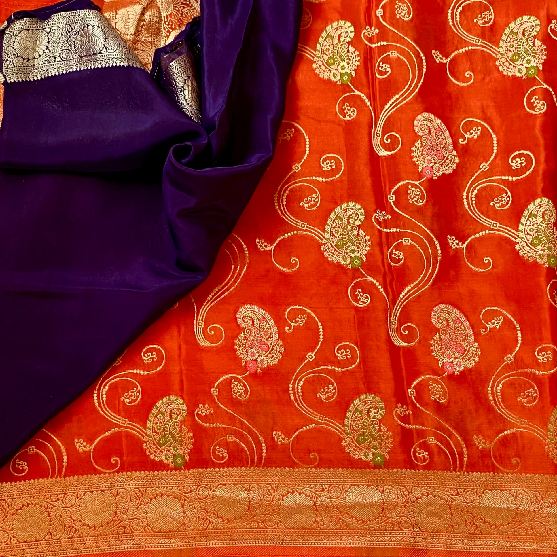 Burnt Orange Brocade Soft crepe silk Saree With Gold Border And Violet Edge