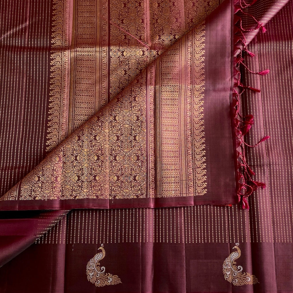 Burgundy Designer Pure Silk Saree With Antique Gold Pallu And Rani Pink