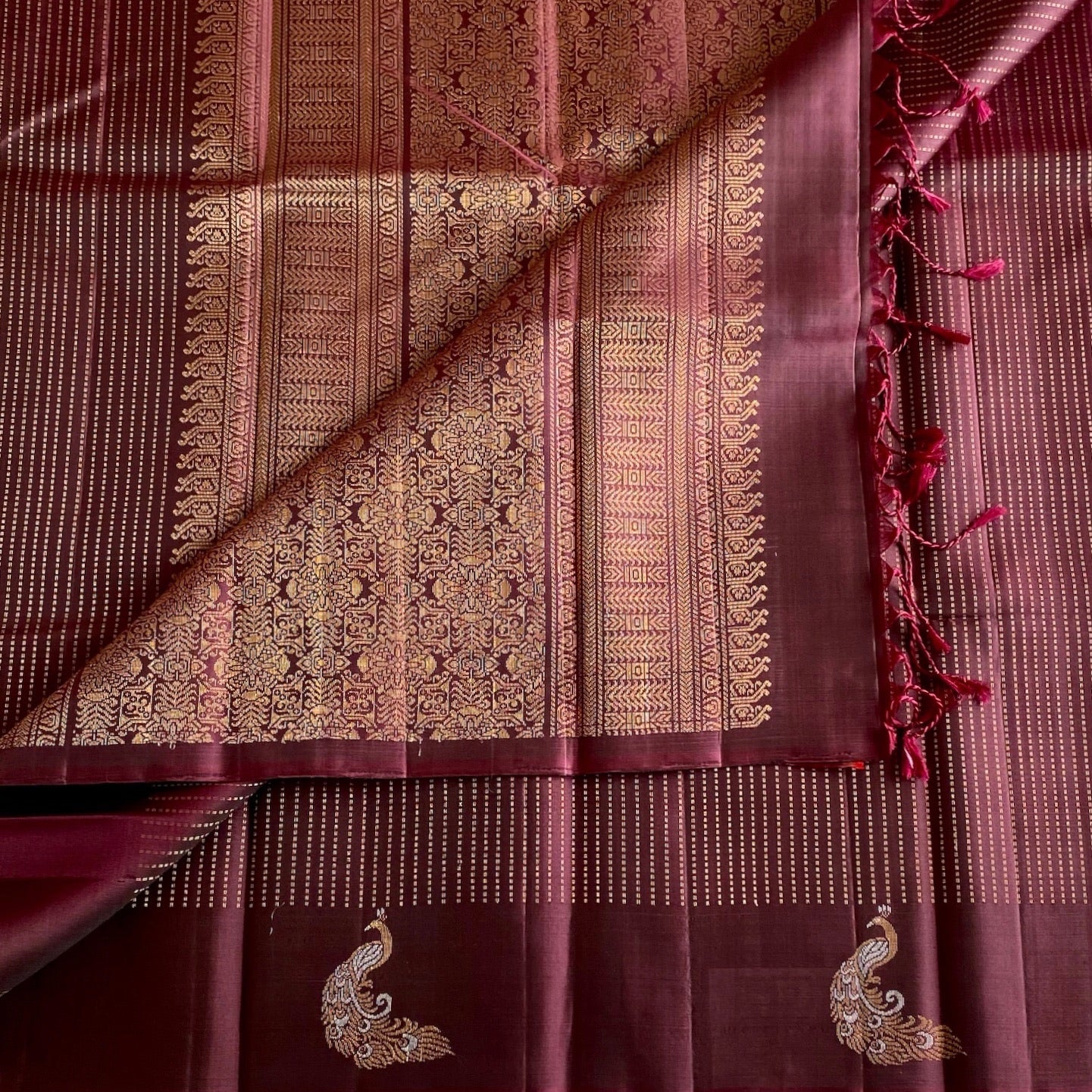 Burgundy Designer Pure Silk Saree With Antique Gold Pallu And Rani Pink