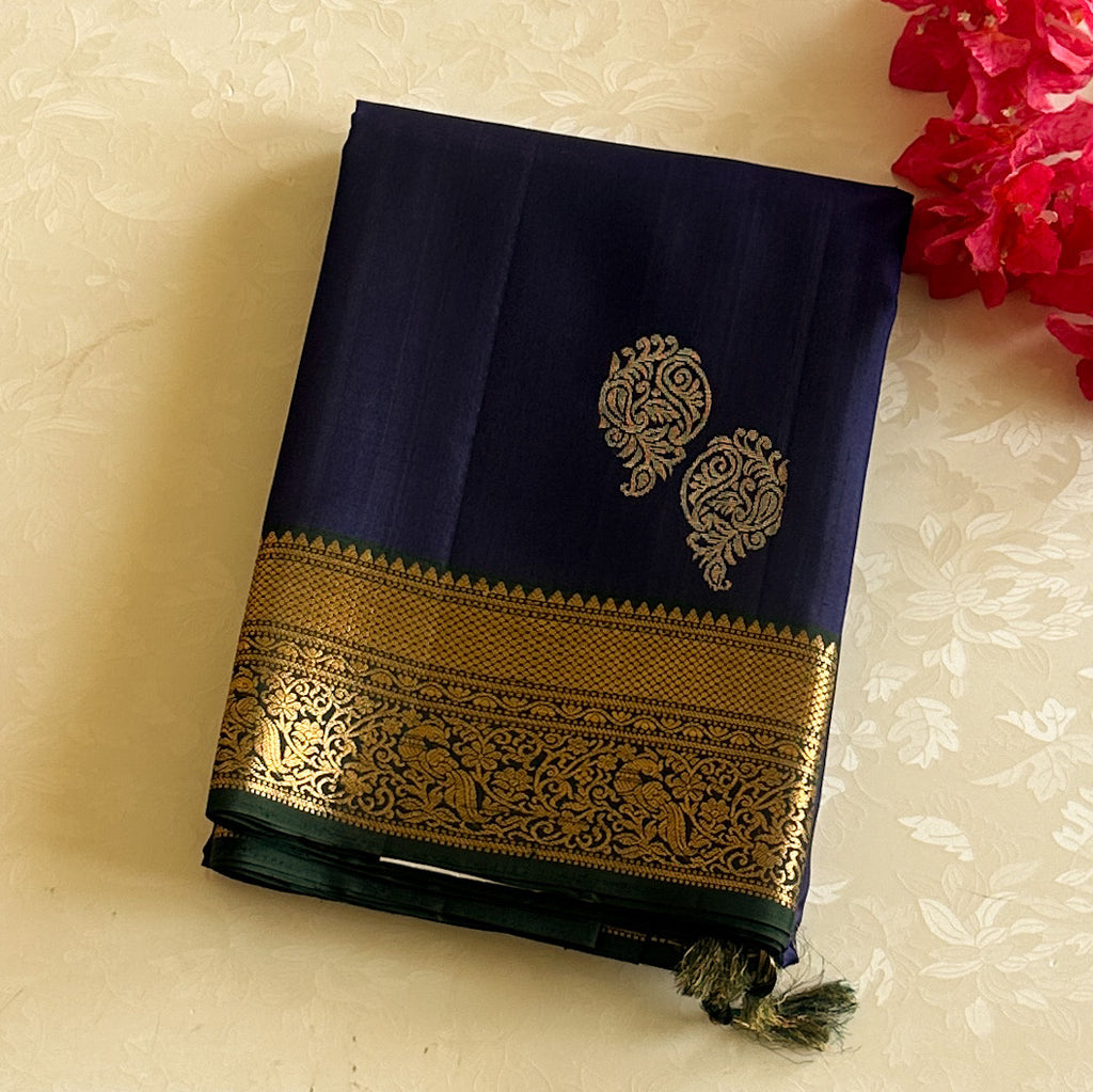 Midnight Navy with Bottle green Handwoven Designer Pure silk