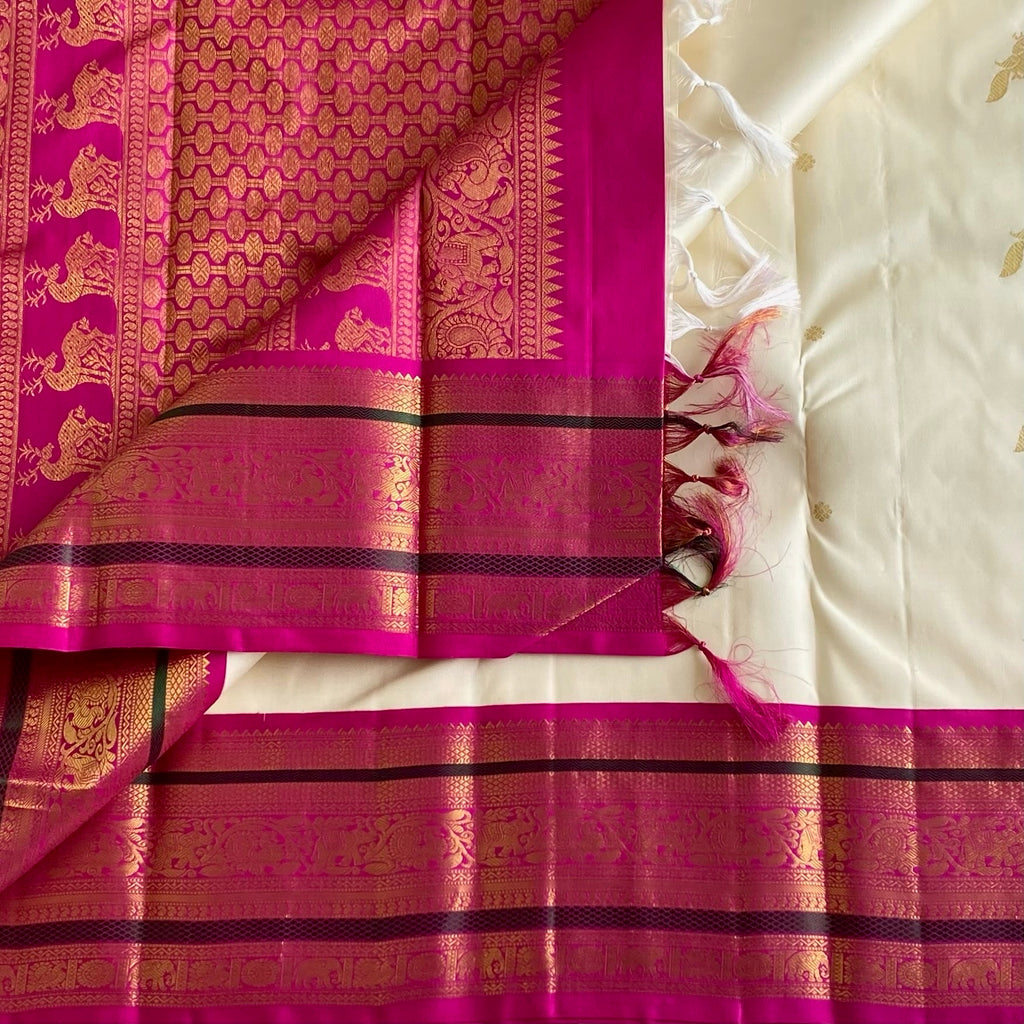 Ivory Pearl White Regal Pure Zari Kanjeevaram With Rani Pink Contrast