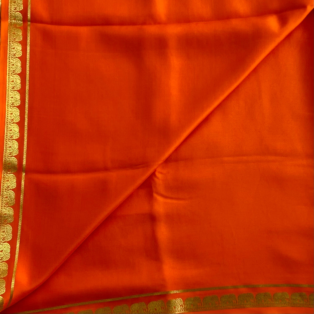 Tangerine Orange Mysore Crepe Silk Saree With Metallic Gold Stripes