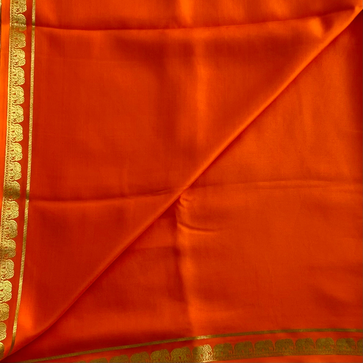 Tangerine Orange Mysore Crepe Silk Saree With Metallic Gold Stripes