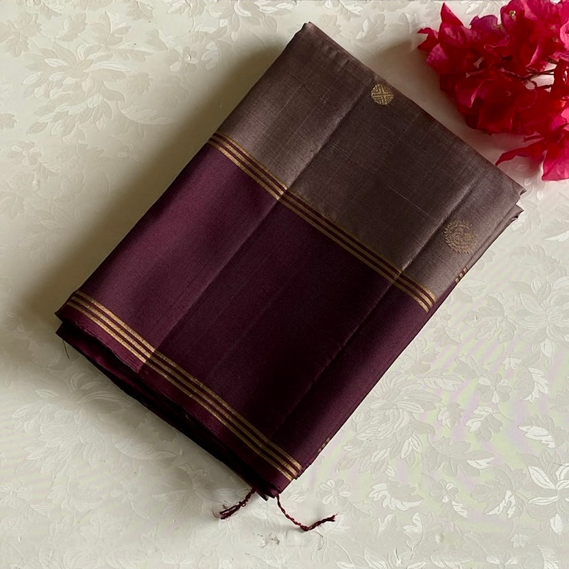 Metallic Taupe Designer Pure Silk Saree With Burgundy Brocade Pallu