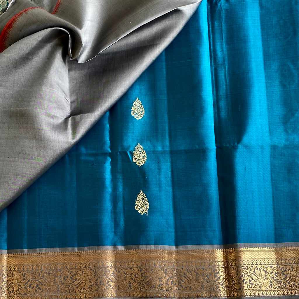 Rare Teal Blue Designer Pure Silk Saree With Silver Grey Pallu