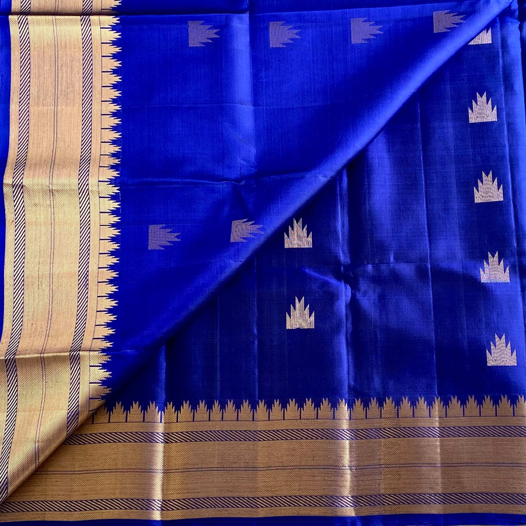 Royal Blue Designer Pure Silk Saree With Antique Gold Pallu And Border