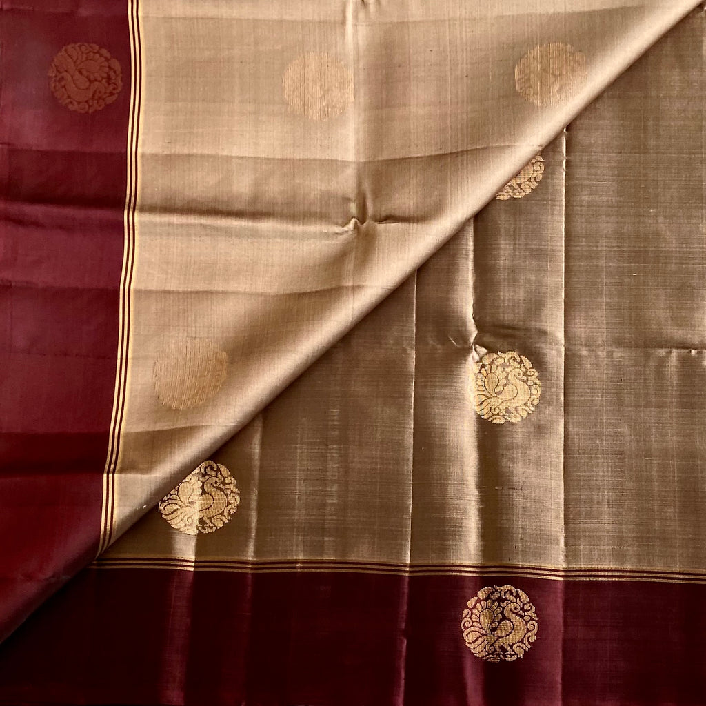 Antique Gold Designer Pure Silk Saree With Deep Wine Maroon Pallu