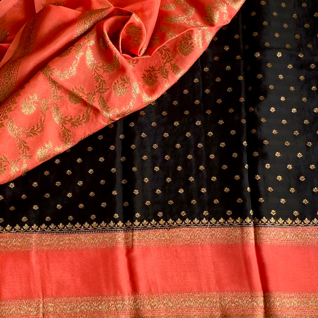 Jet Black Banarasi Crepe Silk Saree With Coral Red Pallu
