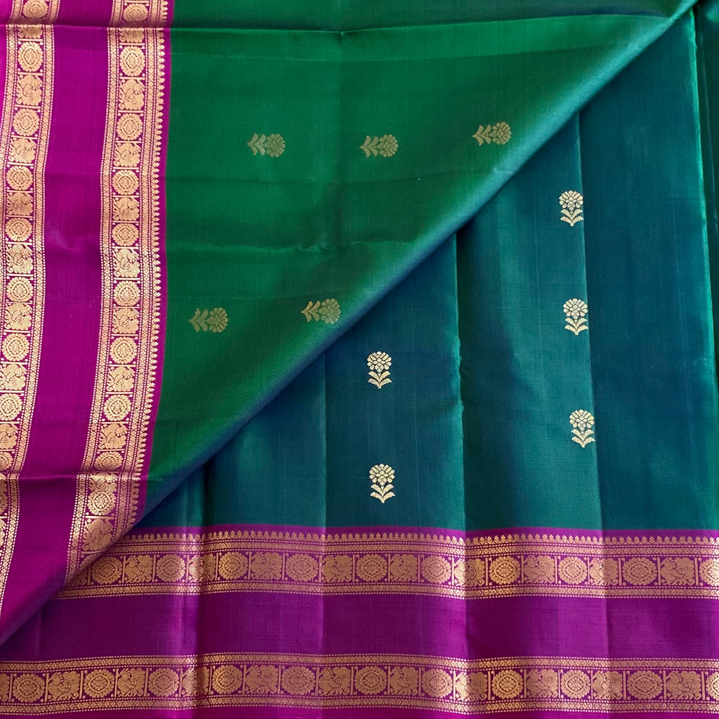 Peacock Green Designer Pure Silk Saree With Magenta Pallu And Gold Zari