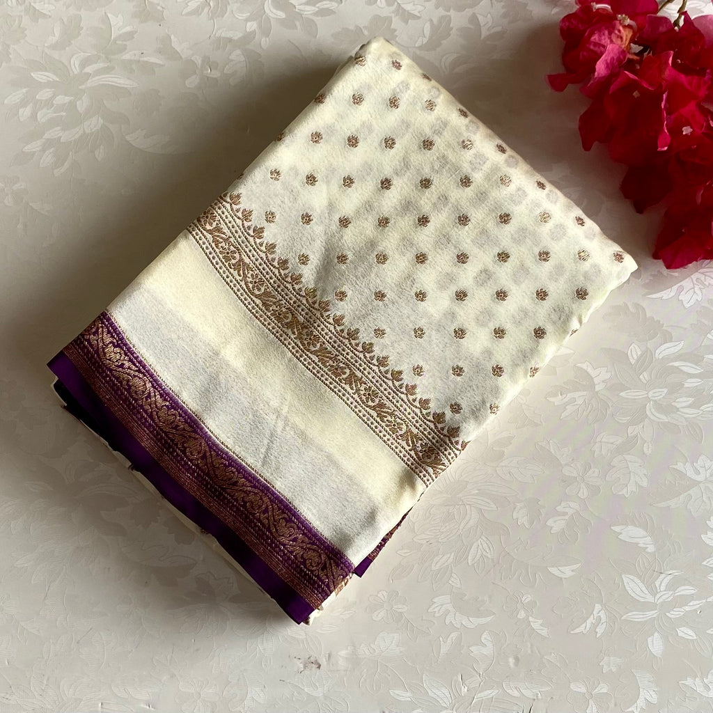 Ivory Banarasi Soft Crepe Silk With Rich Purple Contrast
