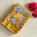 Mustard Yellow Soft Tussar Silk Saree With Royal Blue Floral Print