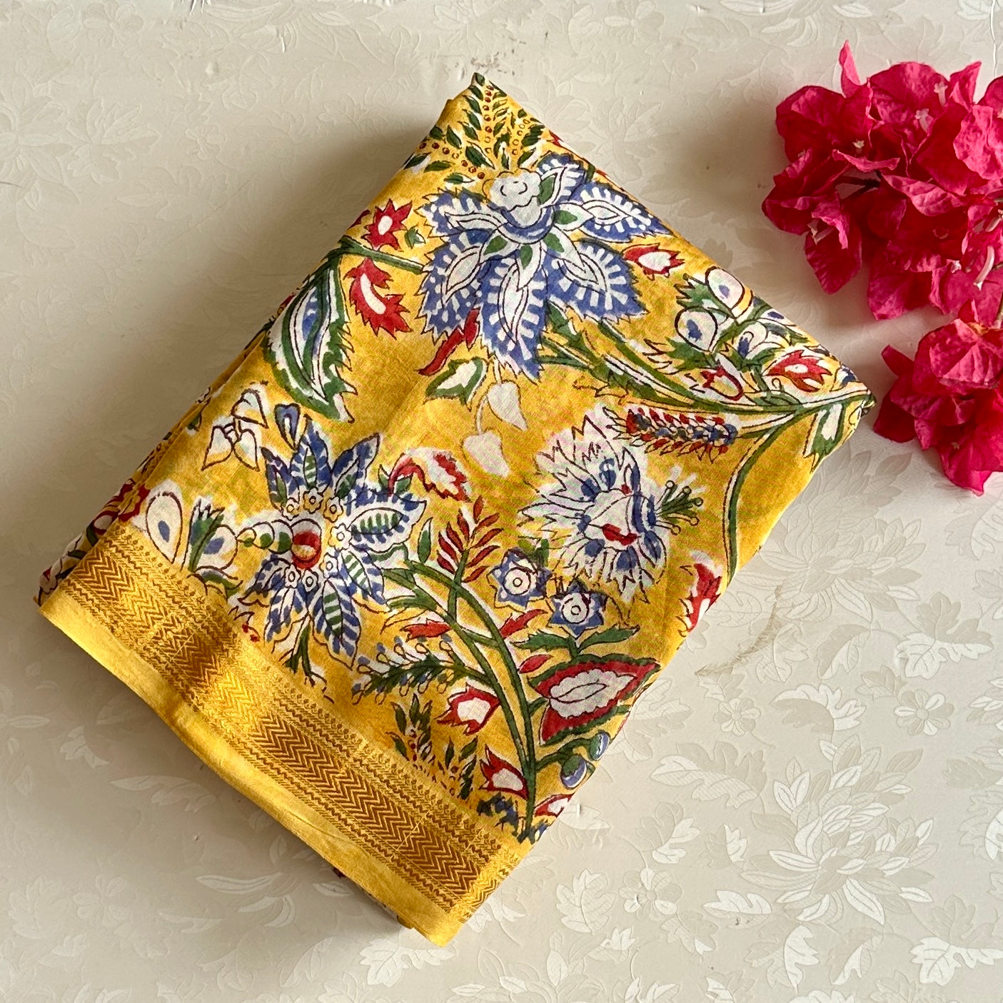 Mustard Yellow Soft Tussar Silk Saree With Royal Blue Floral Print