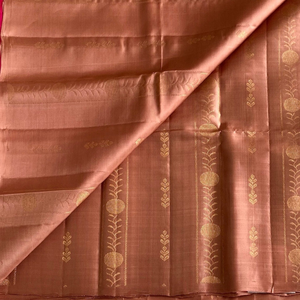 Copper Brown Designer Pure Silk Saree With Rani Pink Pallu
