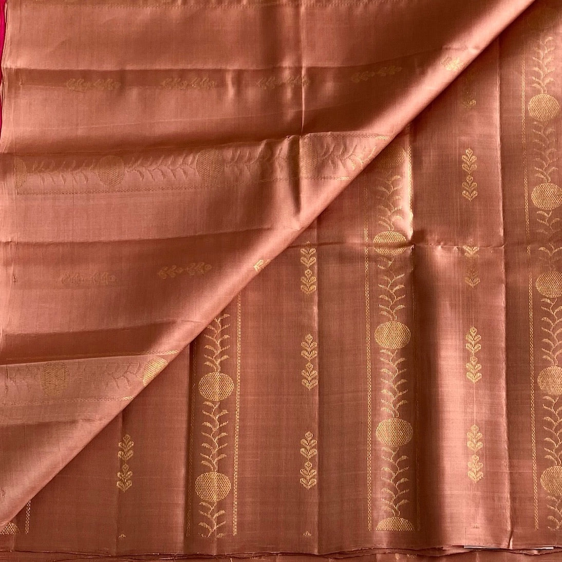 Copper Brown Designer Pure Silk Saree With Rani Pink Pallu