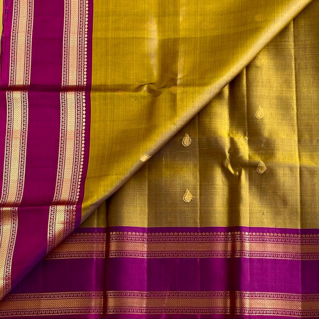 Dipped in Tradition • Dual Shaded Olive with Rich Magenta Designer Pure Silk