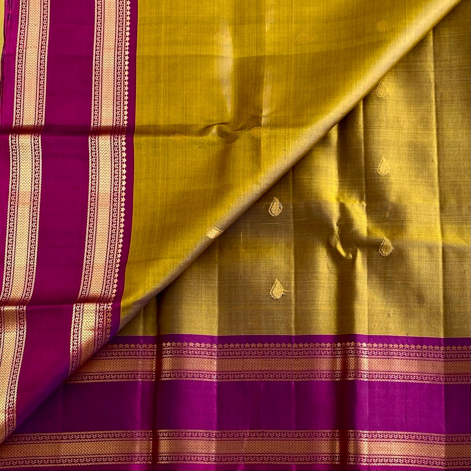 Dipped in Tradition • Dual Shaded Olive with Rich Magenta Designer Pure Silk