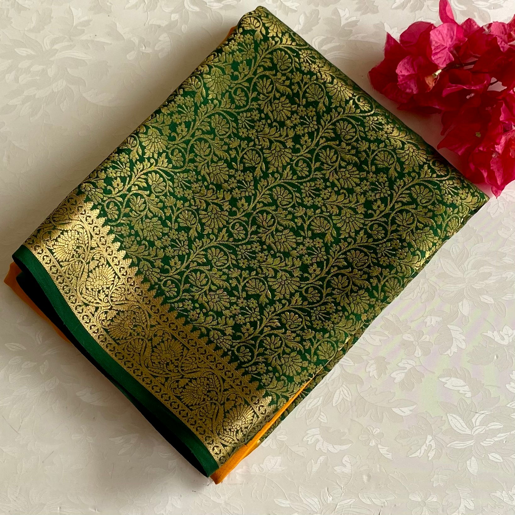 Mustard n Green Half n Half Mysore Crepe Silk Saree With Metallic Gold Zari Weave