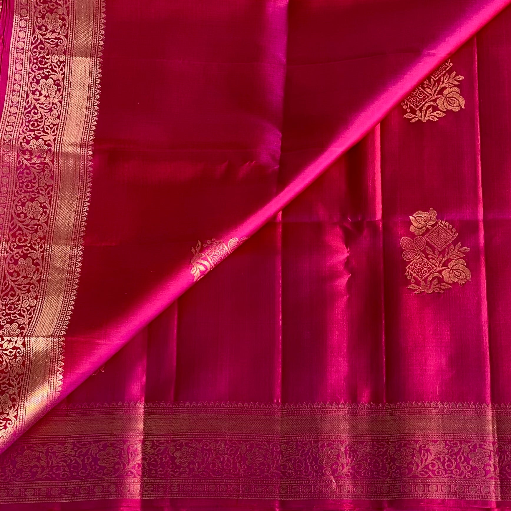 Rani Pink Designer Pure Silk Saree With Gold Zari