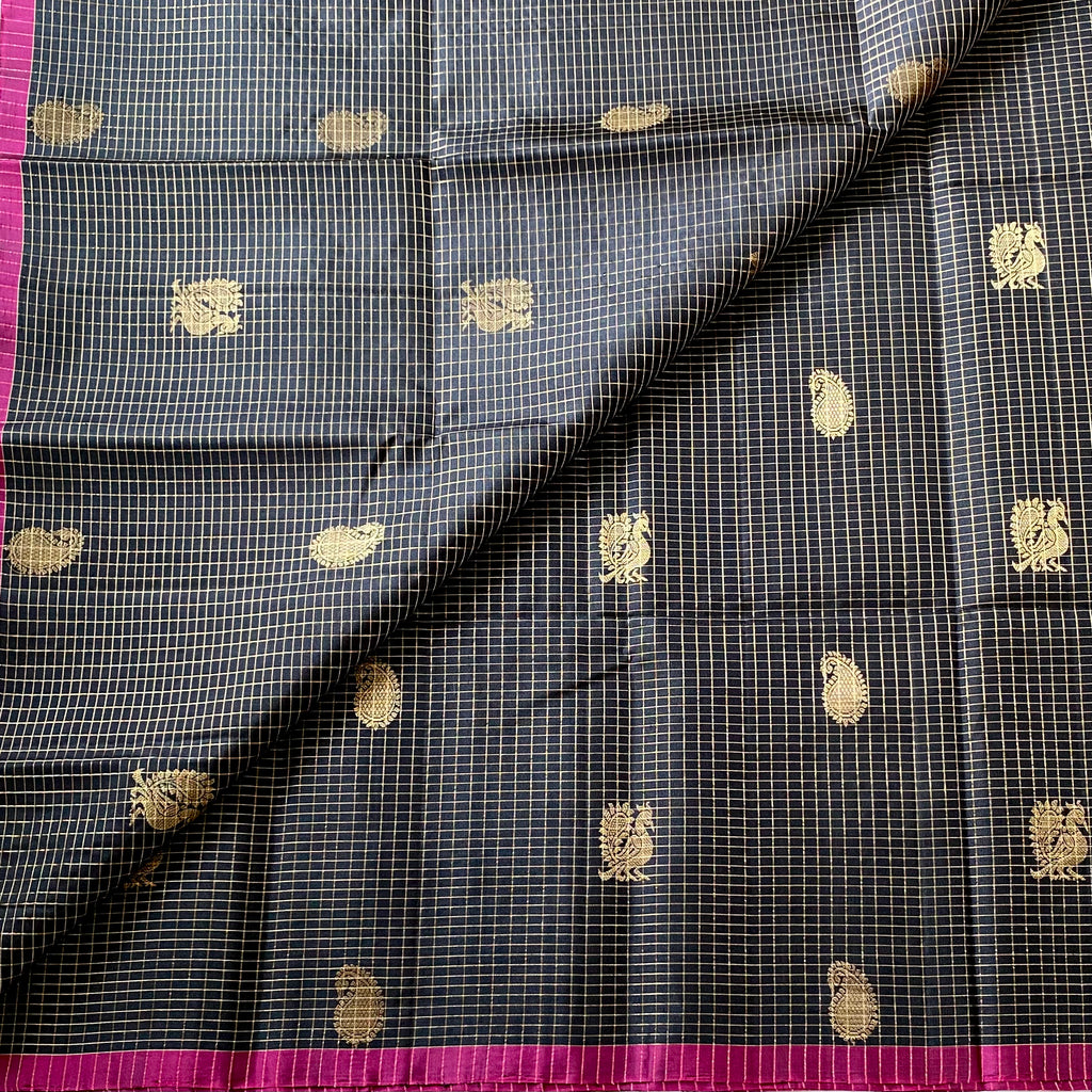 Black zari checkered pure silk with peacock & paisley motifs