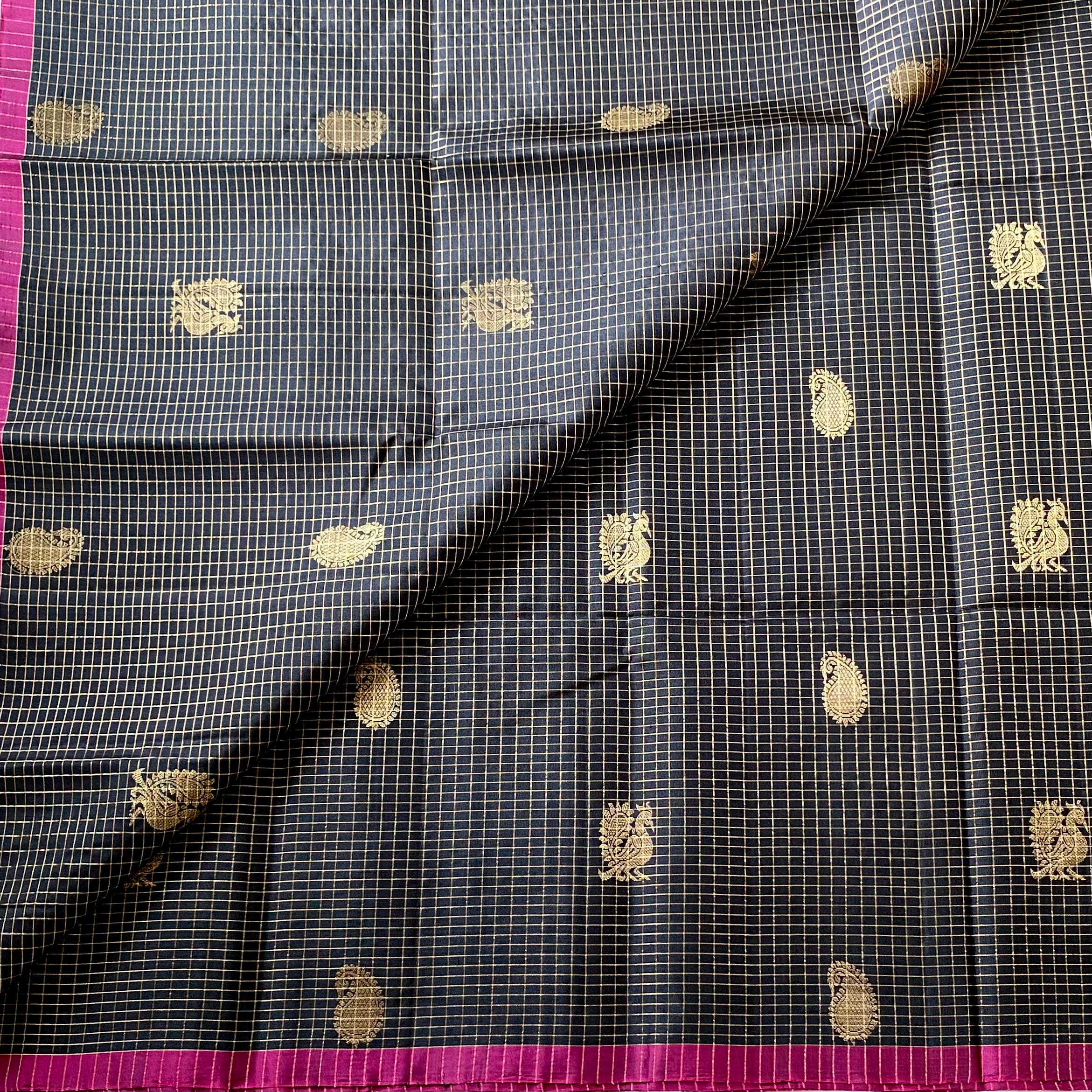 Black zari checkered pure silk with peacock & paisley motifs