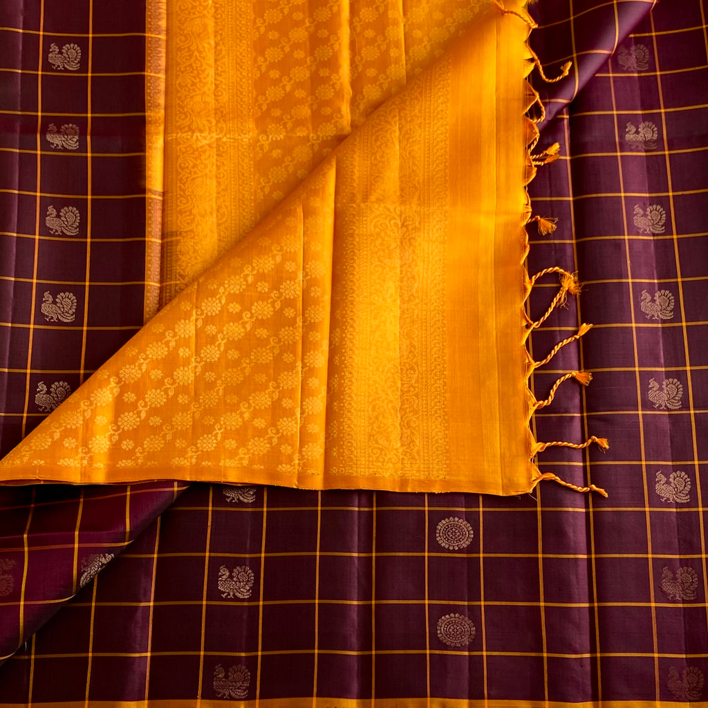 Plum Brown Designer Pure Silk Saree With Saffron Orange Pallu