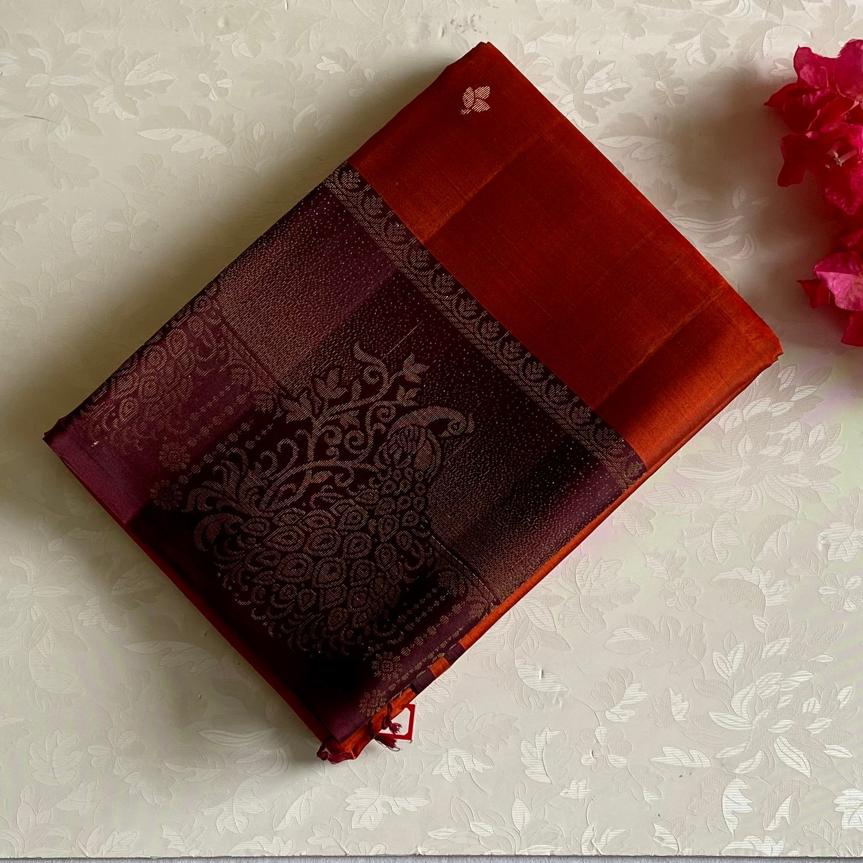 Burnt Orange Designer Pure Silk Saree With Deep Maroon Pallu