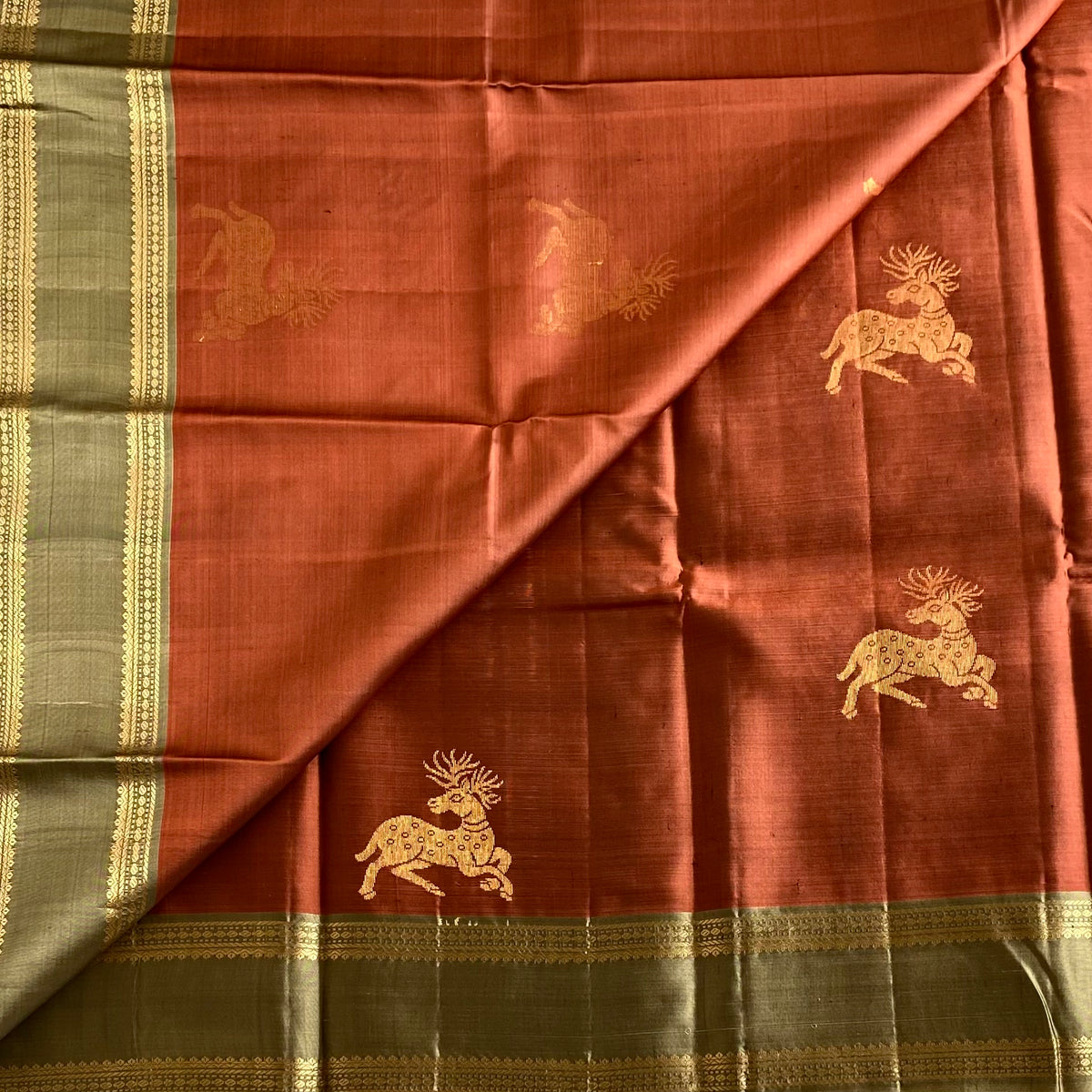 Rarest Rust With Vintage Metallic Sage Green With Deer Motifs Pure Silk