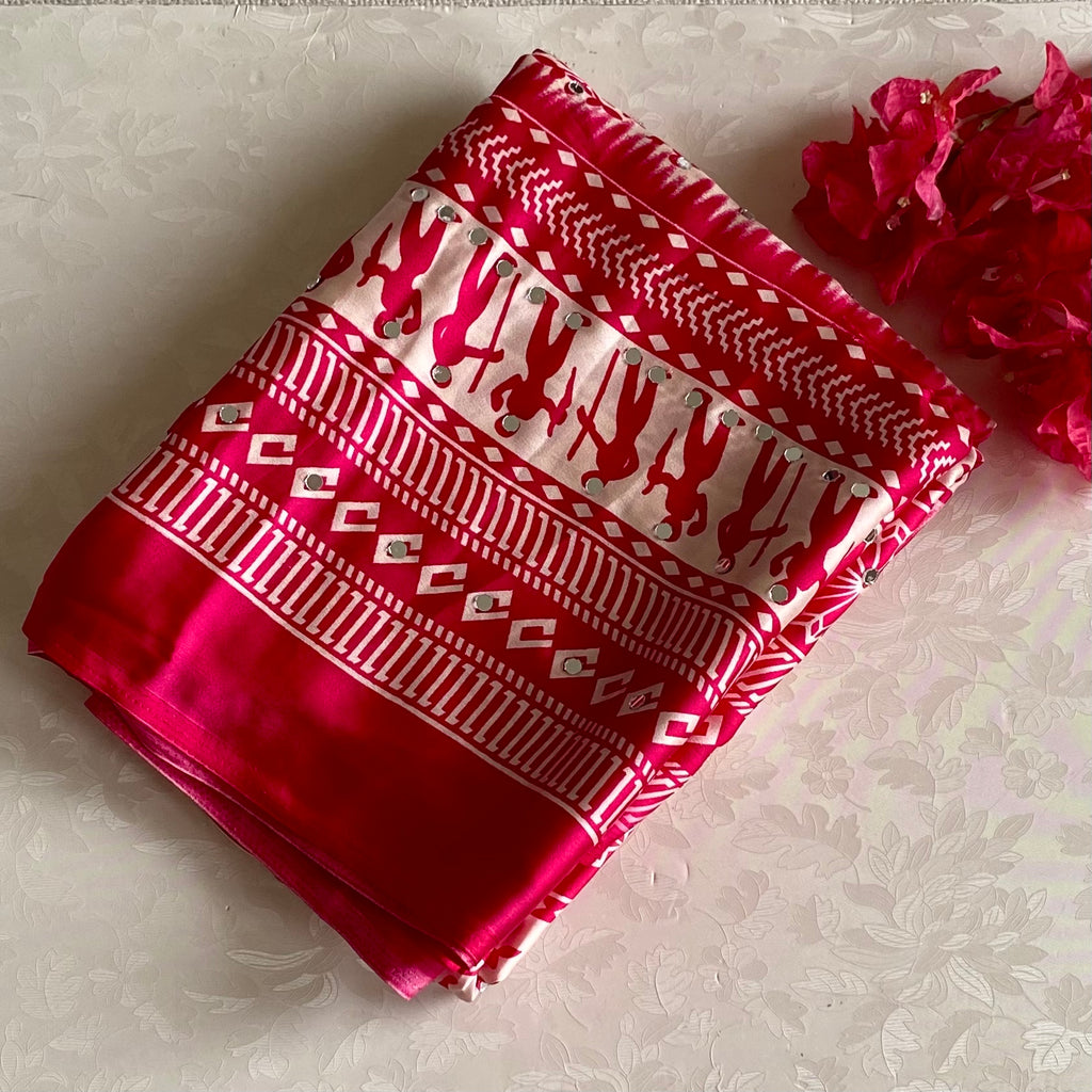 Rani Pink Soft Satin Saree With Ivory Prints And Mirrors