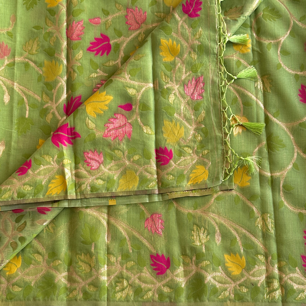Lime Green Floral Zari Saree Fuchsia Mustard Motifs Tassel Edge