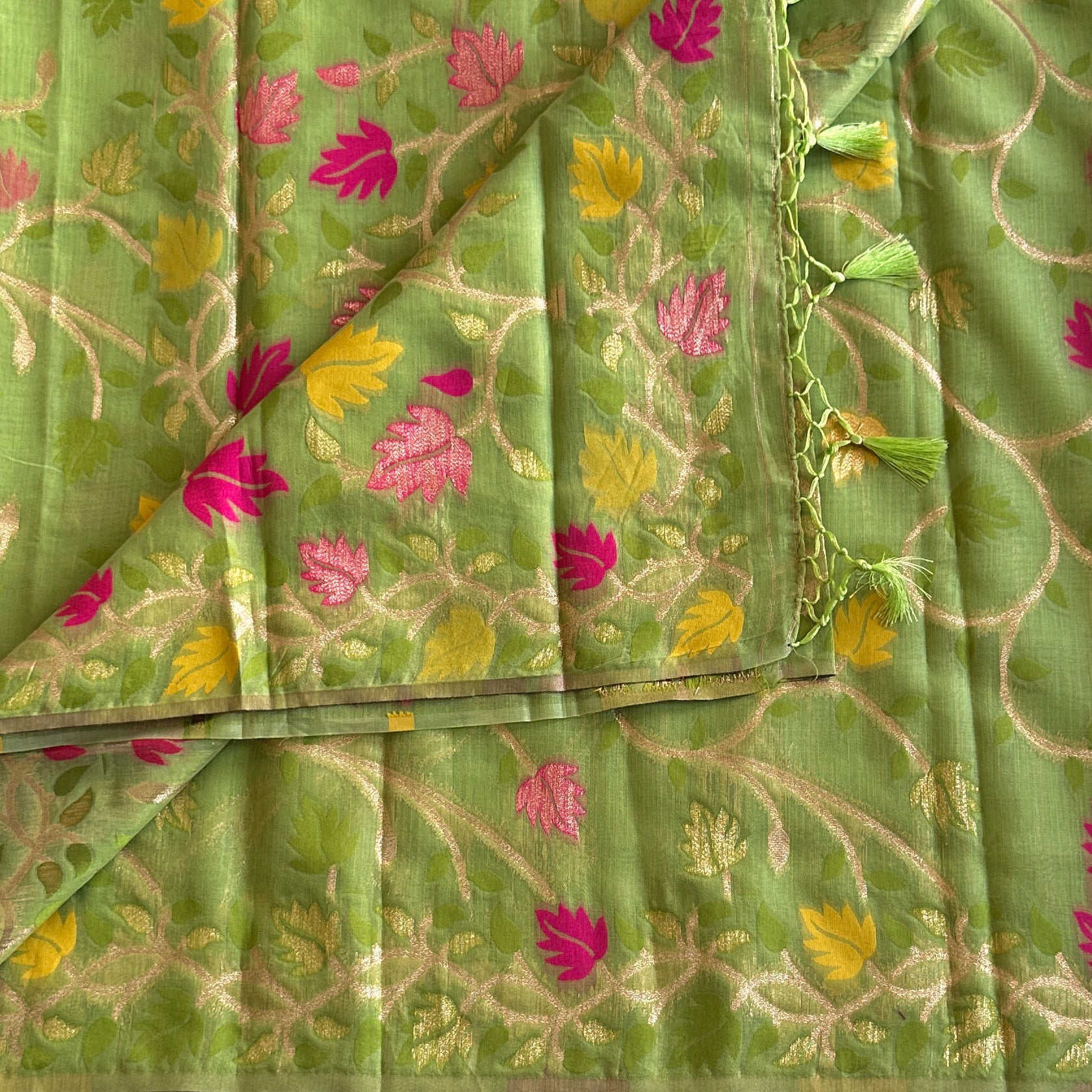 Lime Green Floral Zari Saree Fuchsia Mustard Motifs Tassel Edge