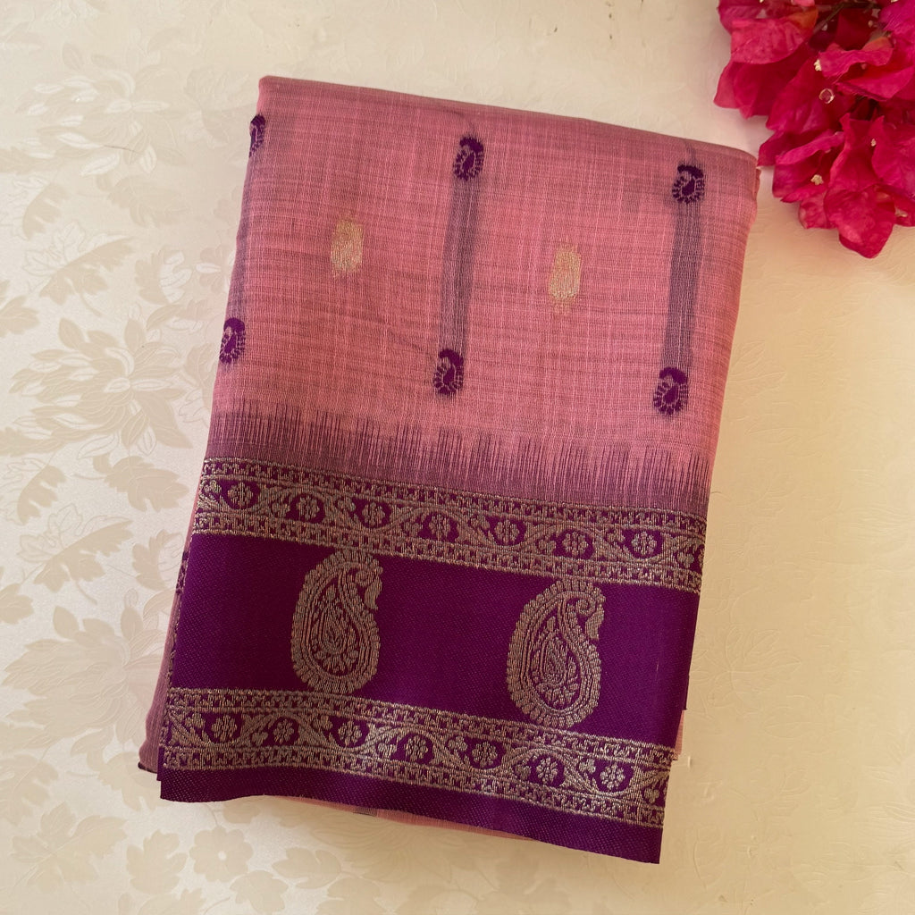 Plum Rose Pink Brocade Saree with Antique Gold Paisley Weave