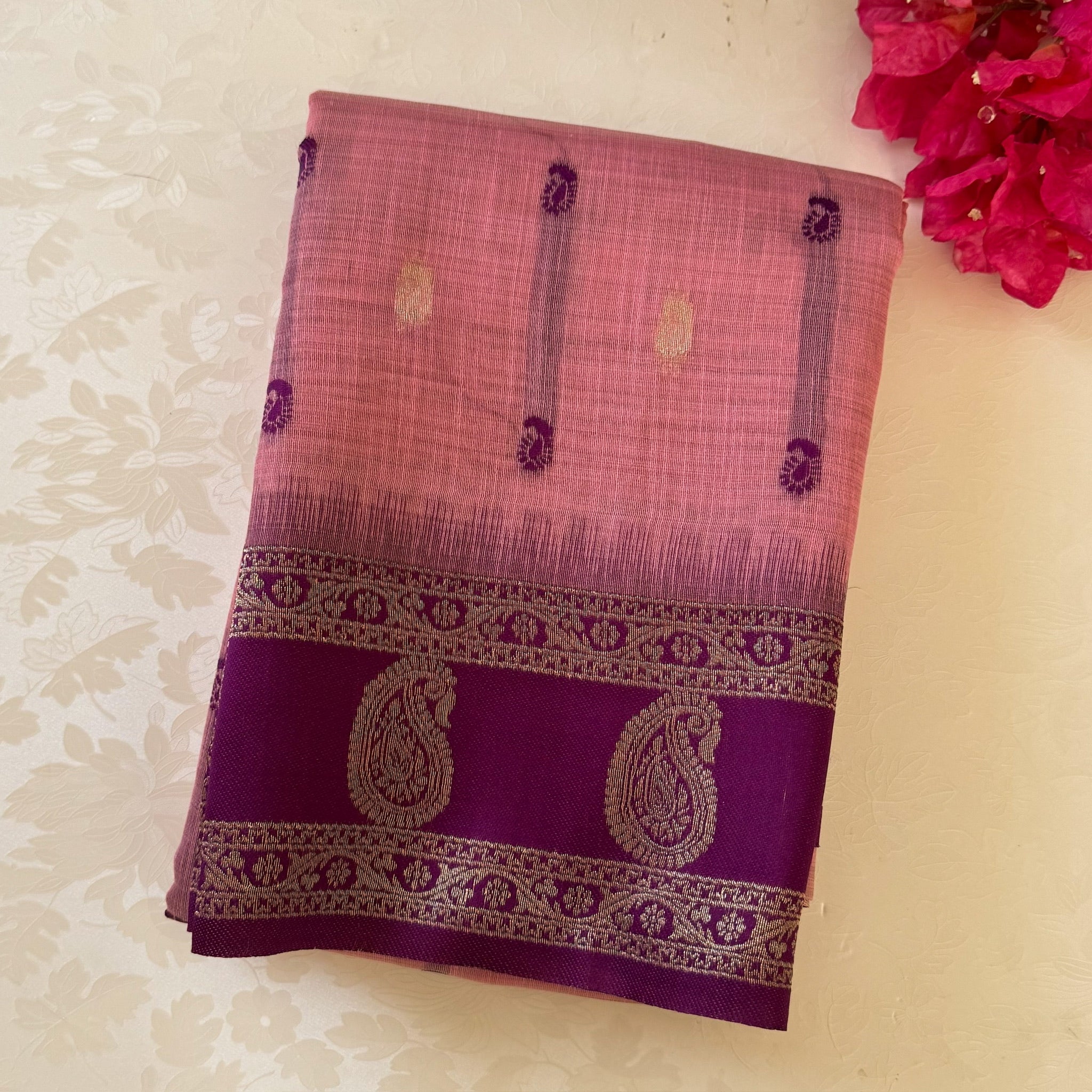 Plum Rose Pink Brocade Saree with Antique Gold Paisley Weave